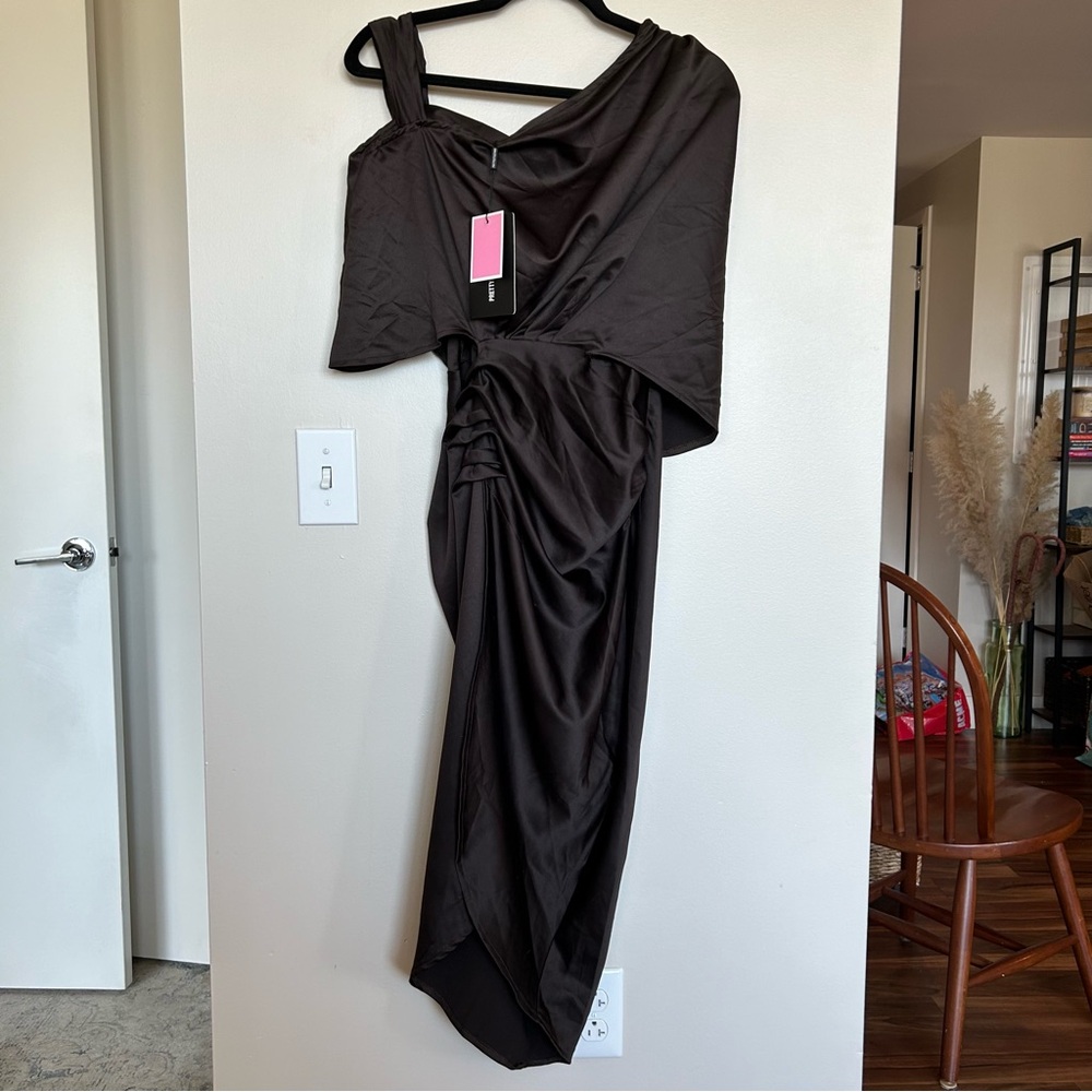 Brown Satin Draped Off The Shoulder Dress